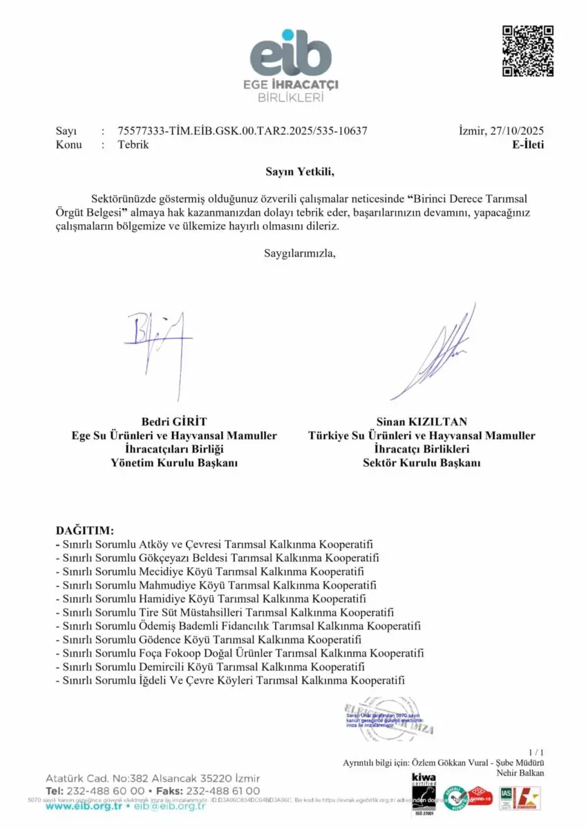 Gökçeyazı Kooperatifi Ege İhracatçı Birlikleri tebrik yazısı, ihracat desteği belgesi