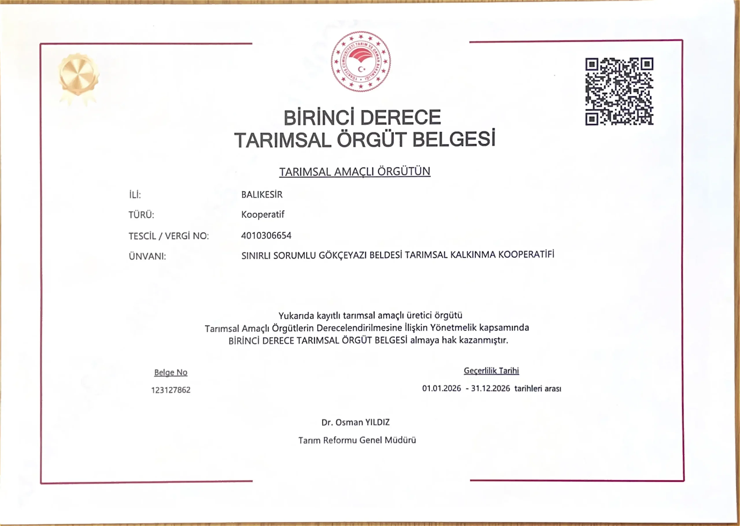Gökçeyazı Kooperatifi Birinci Derece Tarımsal Örgüt Belgesi 2026, Belge No: 123127862, T.C. Tarım Reformu Genel Müdürlüğü