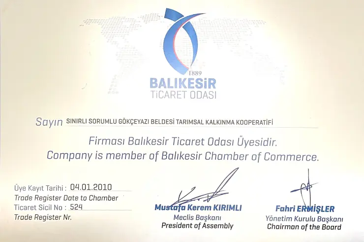 Gökçeyazı Kooperatifi Balıkesir Ticaret Odası Üyelik Belgesi, Sicil No: 524