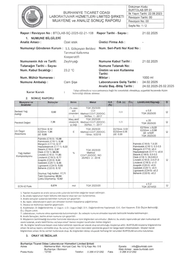 Gökçeyazı zeytinyağı laboratuvar analiz raporu sayfa 1, Burhaniye Ticaret Odası, Rapor No: BTOLAB-SÇ-2025-02-21-108, Extra Virgin onaylı