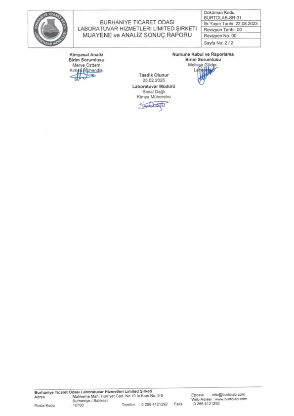 Gökçeyazı zeytinyağı laboratuvar analiz raporu sayfa 2, serbest yağ asitliği 0.60, peroksit değeri 7.36