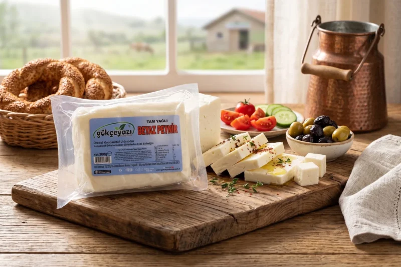 Kahvaltı sofrasında Gökçeyazı tam yağlı beyaz peynir 350 gr ve dilimlenmiş peynir